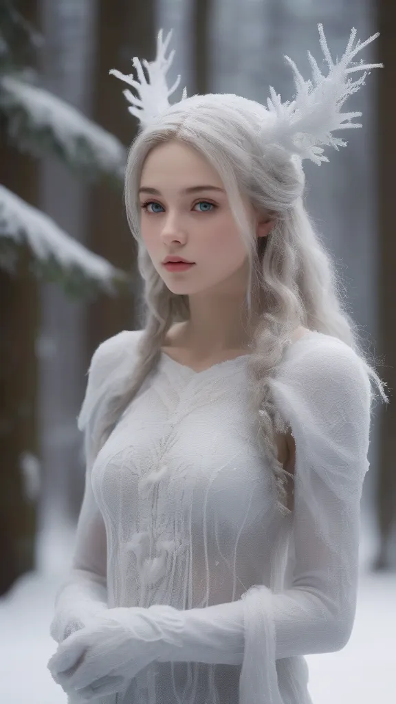 Within the enchanted embrace of a wintry forest, a remarkably realistic snow sculpture emergesâa stunningly beautiful naked 18-year-old girl, captured in immaculate detail. The icy medium skillfully molds her ethereal form, mirroring the grace and elegance of youth frozen in time. Adorned with features delicately sculpted, she stands amidst the enchanting landscape, her snow-formed eyes gleaming with a mystical allure. The forest, a backdrop of snow-laden trees and shimmering ice, echoes the sculpted girl's ethereal charm, creating a scene where artistry merges with the enchantment of nature's wintry embrace.