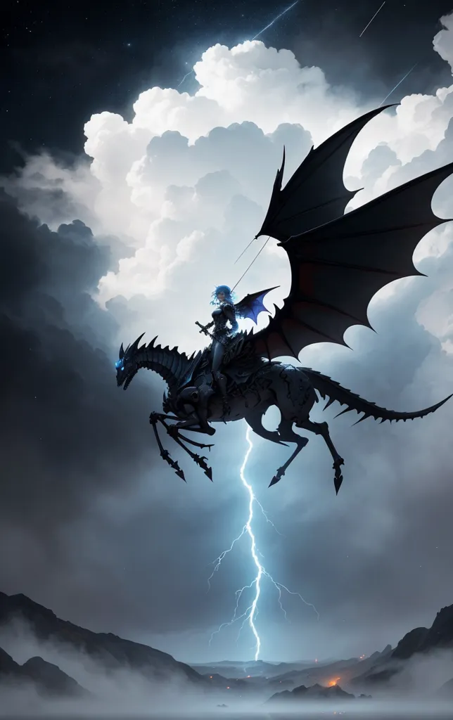 A dark figure flies through the sky on a dragon. The figure is a woman with long blue hair and black wings. She wears a black dress and carries a sword. The dragon is black with blue eyes and a long tail. It has a bone-like structure and is surrounded by dark clouds. The background is a dark sky with lightning.