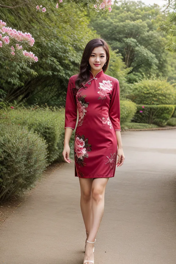 This is a picture of a young woman wearing a red cheongsam. The cheongsam is a traditional Chinese dress that is typically worn for special occasions. It is made of a thin, silky fabric and is usually fitted to the body. The cheongsam has a high collar and a short hemline, and it is often decorated with intricate designs. The woman in the picture is wearing a red cheongsam with a floral pattern. She is also wearing high heels and carrying a small purse. Her hair is long and black, and she is wearing light makeup. The woman is standing in a garden, and she is surrounded by trees and flowers. The picture is taken from a low angle, and the woman is looking down at the camera.