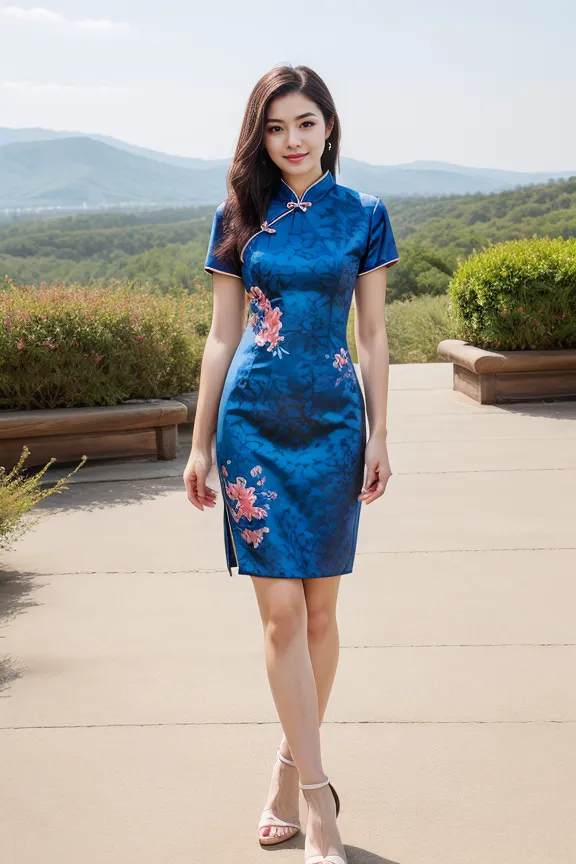 The image shows a woman wearing a blue cheongsam. The cheongsam is a traditional Chinese dress that is typically worn by women. It is a one-piece dress that is fitted to the body and has a high collar. The cheongsam is often made of silk or other luxurious fabrics and is often decorated with intricate designs. The woman in the image is wearing a blue cheongsam that is decorated with a floral pattern and has a high collar. She is also wearing a pair of white shoes and has her hair tied up in a bun. The image is taken from a side angle and the woman is standing in a garden.