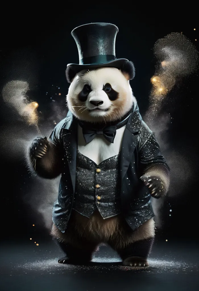 The image shows a panda wearing a top hat and a suit. The panda is standing on its hind legs and has its paws raised in the air. It is looking at the viewer with a curious expression. There are fireworks exploding around the panda, and it is surrounded by smoke. The background is black, and the panda is the only thing that is illuminated.