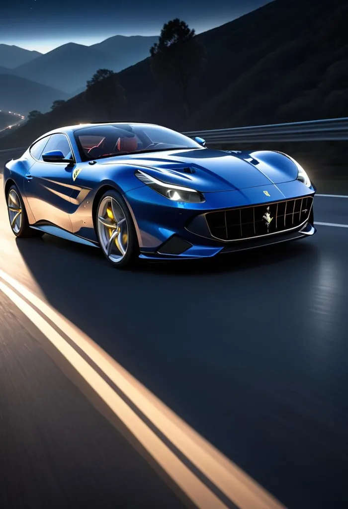 A sleek blue sports car is driving down a winding road. The car is blurred, but the background is in focus. The road is lined with trees and mountains, and the sky is a deep blue. The car is in the foreground, and it is clear that it is moving very fast. The image is very dynamic, and it captures the feeling of speed and excitement.