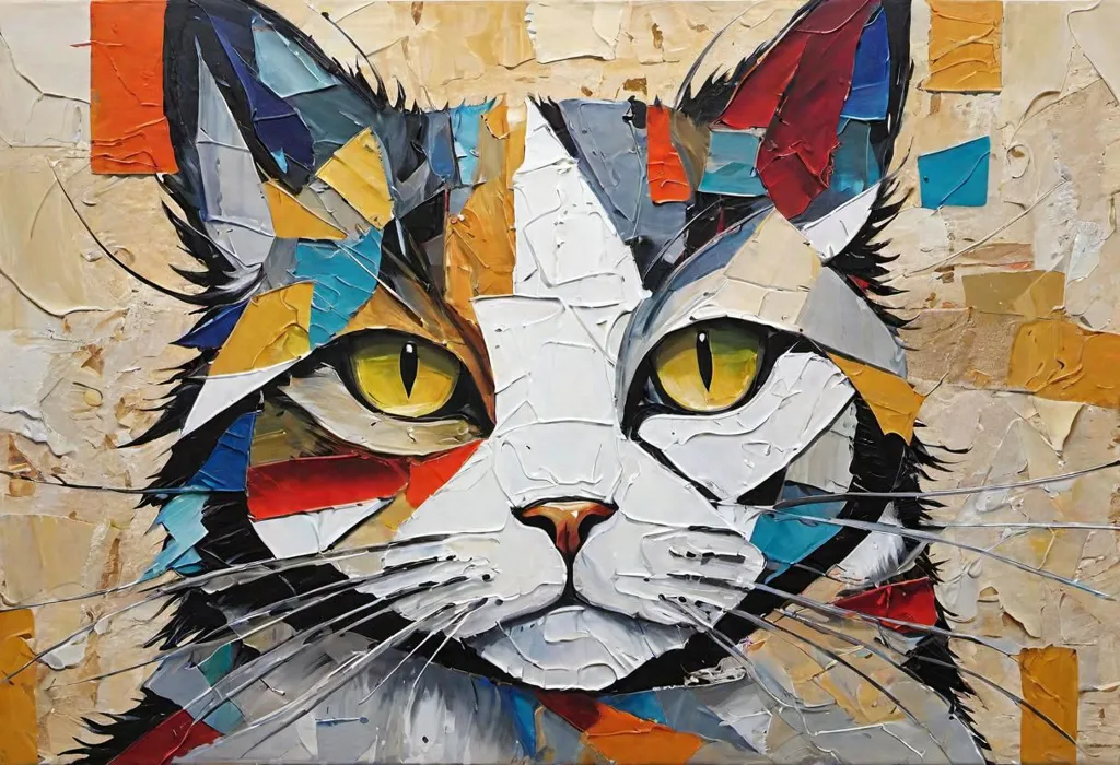 This is an abstract painting of a cat. The colors are vibrant and the brushstrokes are thick. The cat's eyes are yellow and its fur is white, gray, orange, yellow, green, blue and black. The background is a light brown color. The painting has a modern feel to it and would be a great addition to any home.