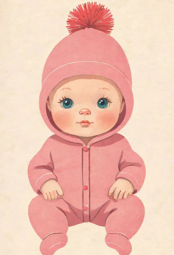 The image shows a baby wearing a pink hat and a pink jumpsuit. The baby is sitting down and looking at the viewer with big blue eyes. The baby's cheeks are rosy, and there is a small smile on its lips. The baby's hat has a red pom-pom on the top, and the jumpsuit has three buttons down the front. The baby's feet are bare.