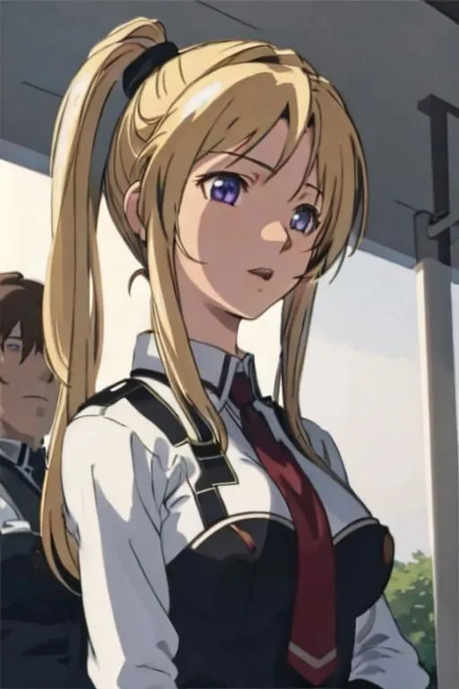 A beautiful anime girl with long blonde hair and purple eyes. She is wearing a white shirt, black vest, and red tie. She has a ponytail and is looking to the right.