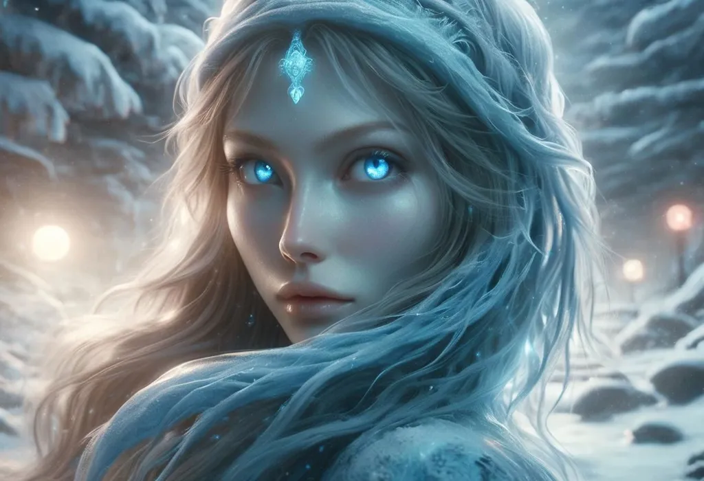 This is an image of a beautiful woman with long white hair and blue eyes. She is wearing a white dress with a blue sash and a white fur coat. She is standing in a snowy forest, and there is a blue light shining on her. She is a snow queen, and she is very powerful. She can control the snow and the ice, and she can use them to create beautiful things. She is also very kind and gentle, and she uses her powers to help others.