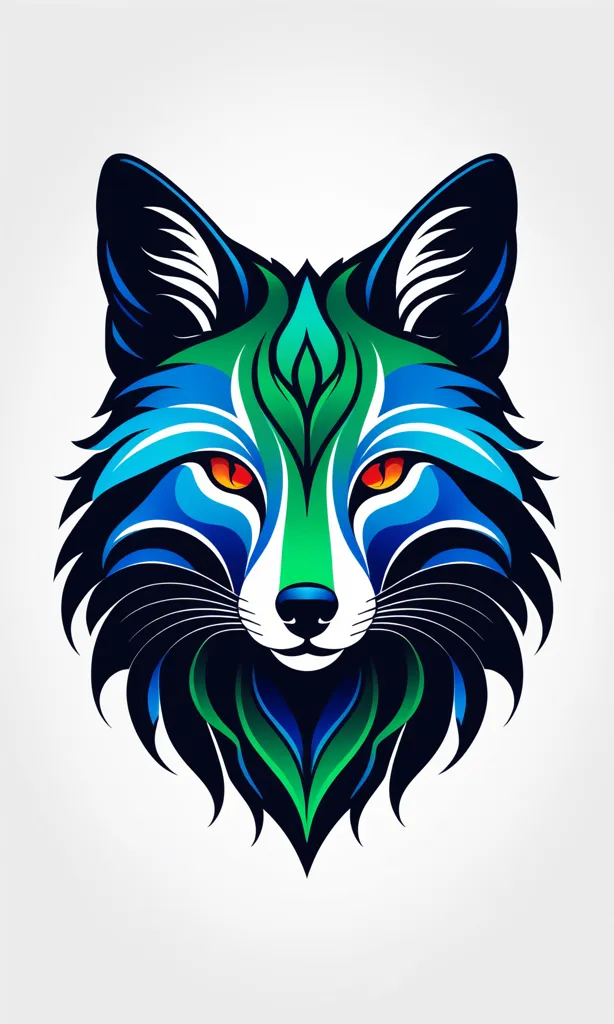 The image is a blue, green, and black illustration of a fox's head. The fox has red eyes and is looking at the viewer. The fox's ears are pointed and its fur is long and flowing. The background is white.