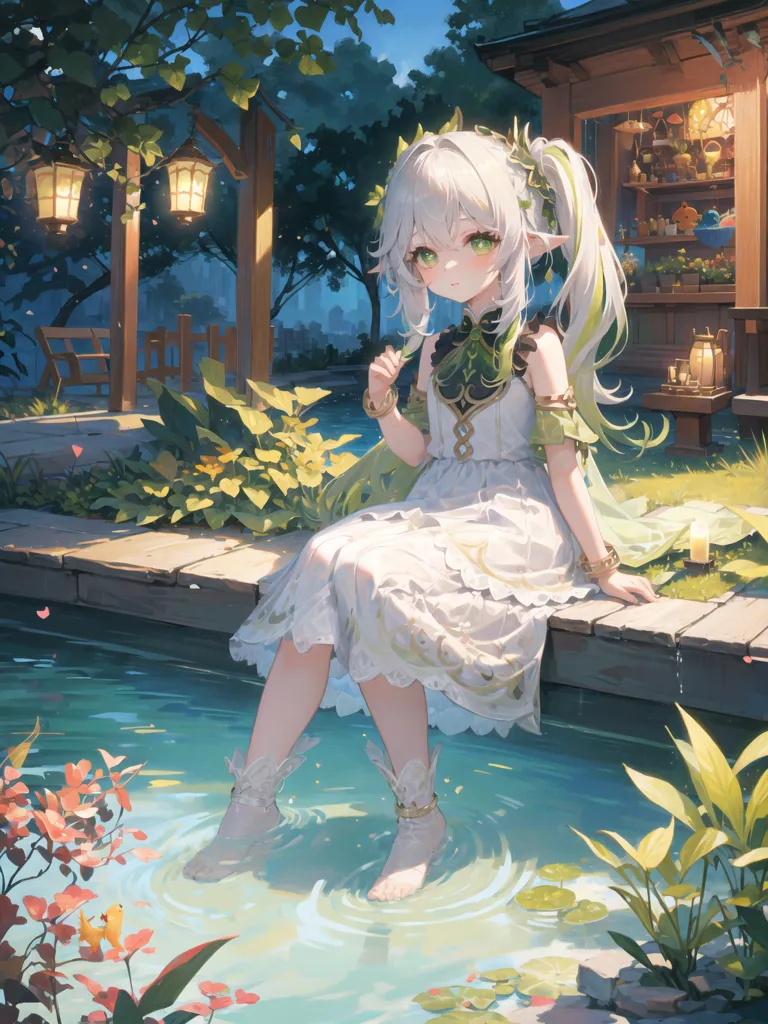 The image is of an anime girl with long white hair and green eyes. She is wearing a white dress with a green sash and has a flower in her hair. She is sitting on a rock in a pond, with her feet in the water. There are plants and flowers all around her. In the background is a house with a lantern hanging from it. The girl is smiling and looks happy and peaceful.