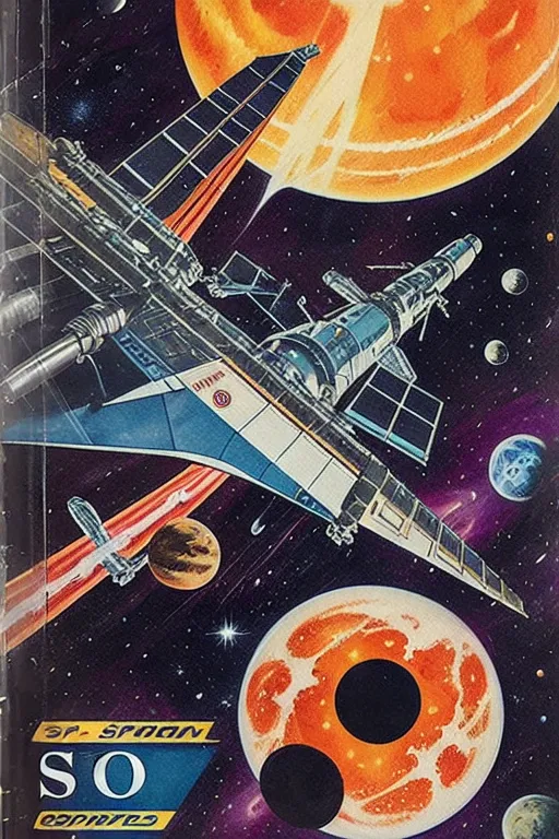 这幅图像是一幅太空中宇宙飞船的绘画作品。宇宙飞船位于前景中,背景中有行星和星星。宇宙飞船是白色和蓝色的,后面有一个大引擎。行星有红色、蓝色和绿色,大小不一。星星是白色的,大小也不一。这幅画采用了写实风格,色彩非常鲜艳。