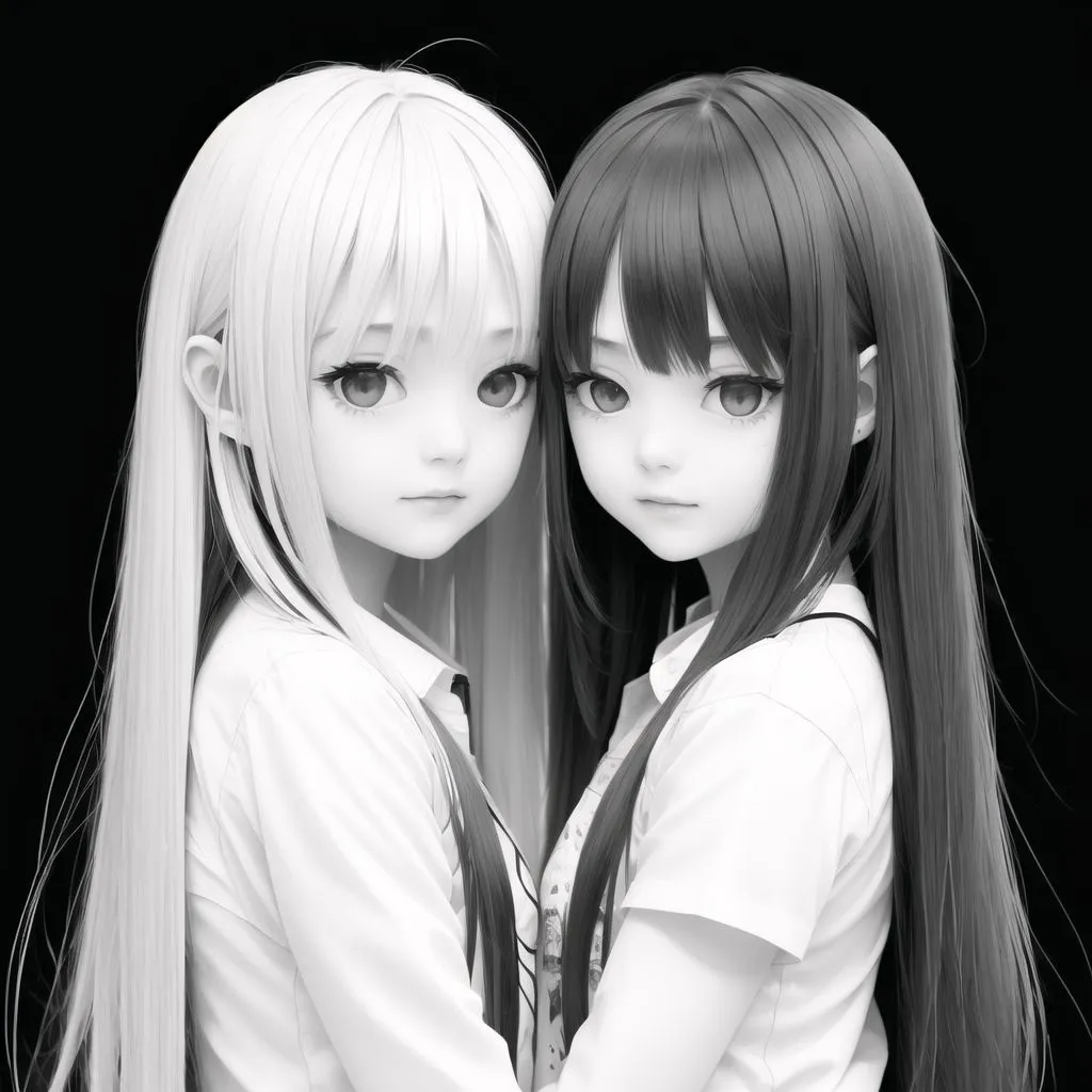 The image is a black-and-white portrait of two anime girls with long hair. The girl on the left has white hair and the girl on the right has black hair. They are both wearing white shirts and have their arms wrapped around each other. The background is black.