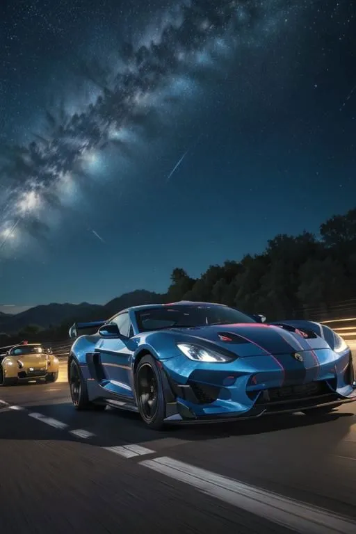 A blue and black sports car is racing along a coastal road at night. The car is blurred, and the background is in focus. The sky is dark and starry, and the road is lit by the car's headlights. The car is in the center of the image, and the road is leading off into the distance. The image is very dramatic and exciting.