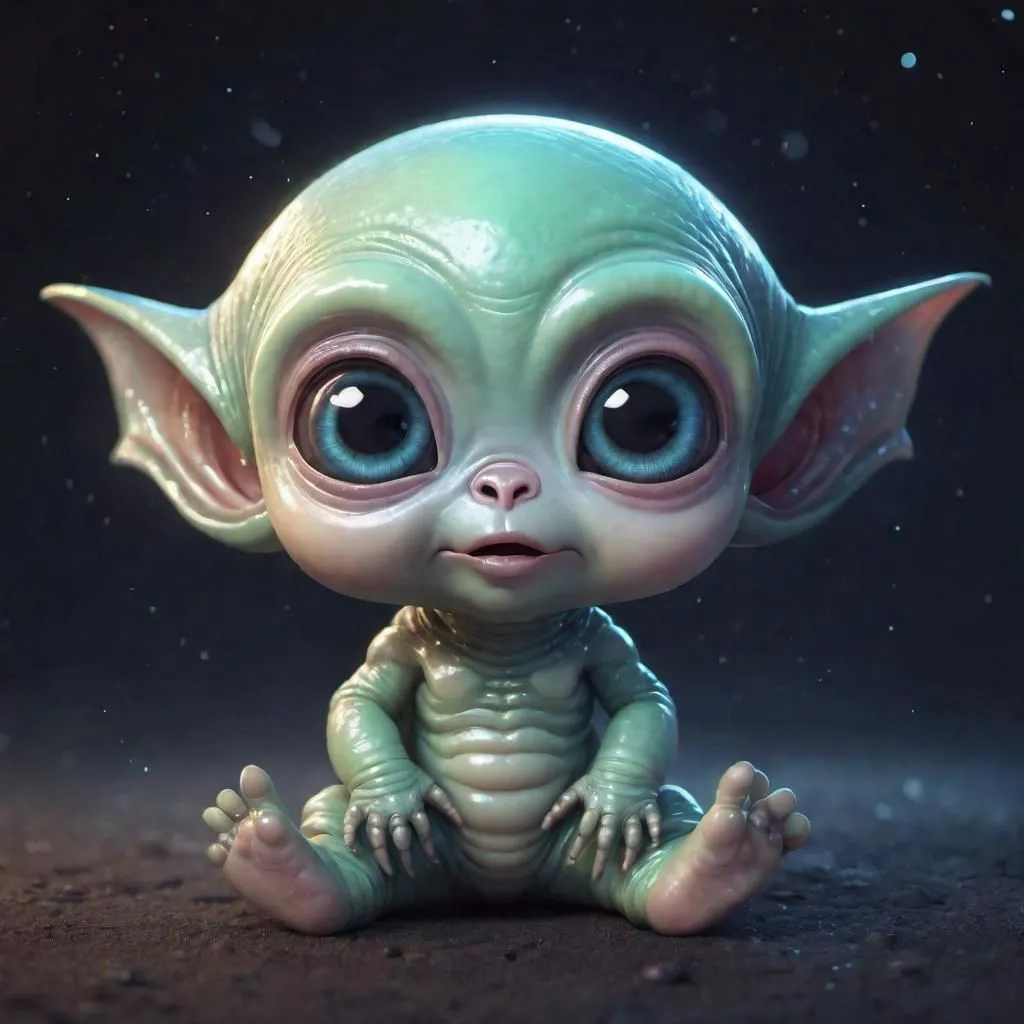 The image shows a cute alien baby. It has large blue eyes, a big head, pointed ears, and a small body. Its skin is green and it has three fingers on each hand. It is sitting on the ground and looking at the camera. The background is a dark starry sky.