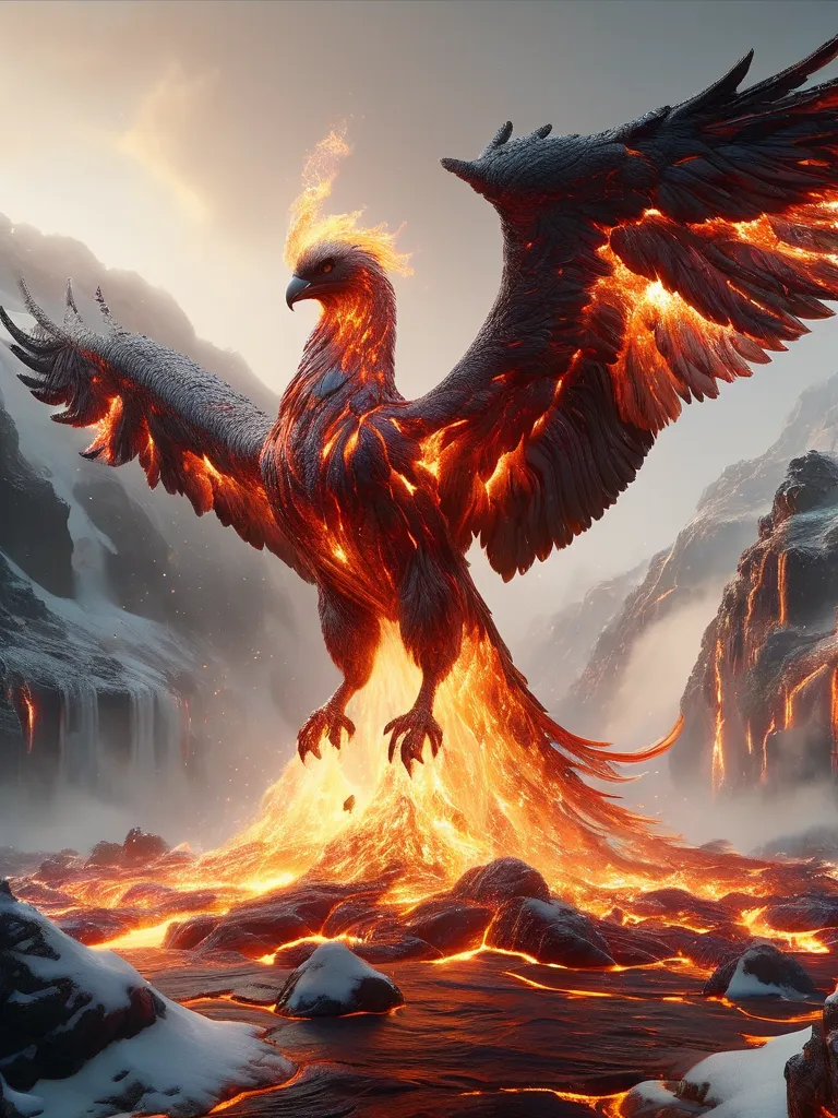 A phoenix is a mythical bird that is said to be a symbol of hope and renewal. It is said to live for 500 years, and then to burst into flames and be reborn from the ashes. The phoenix is often associated with the sun, and is said to be a symbol of the power of life and the ability to overcome adversity. In this image, the phoenix is depicted as a large, majestic bird with fiery feathers. It is standing on a bed of lava, and is surrounded by flames. The background is a dark, stormy sky. The phoenix is looking up at the sky, and its eyes are filled with hope and determination. This image is a powerful reminder of the power of hope and the ability to overcome any obstacle.