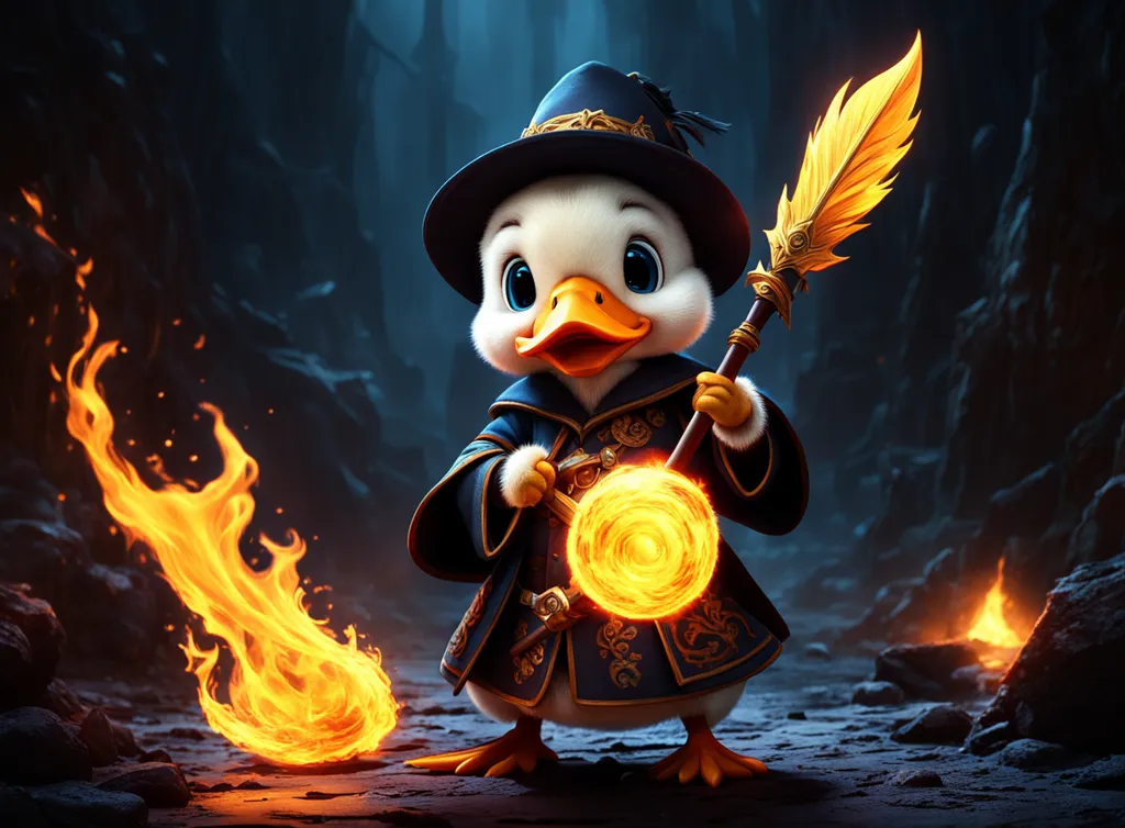 A baby duck is dressed as a wizard. The duck is wearing a blue robe with gold trim and a pointed hat. The duck is also holding a staff with a glowing orb on the end. The duck is standing in a dark forest, and there is a fire burning on the ground next to it. The duck looks like it is about to cast a spell.