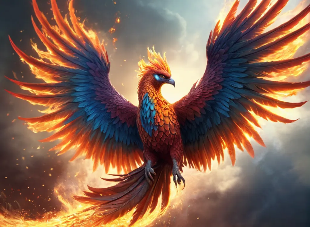 The phoenix is a mythical bird that is said to be a symbol of hope and renewal. It is said to live for 500 years, after which it bursts into flames and is reborn from the ashes. The phoenix is often depicted as a large, brightly colored bird with a long tail. It is often associated with fire and the sun.