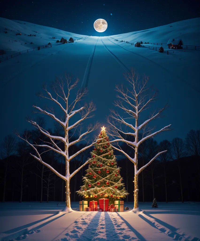 The full moon is rising over a snowy hill. There is a Christmas tree in the middle of the hill. The tree is decorated with lights and ornaments. There are two bare trees on either side of the Christmas tree. There is a house on top of the hill. The house is lit up. There is a滑雪场on the hill. The滑雪场is lit up. There are people skiing down the滑雪场.