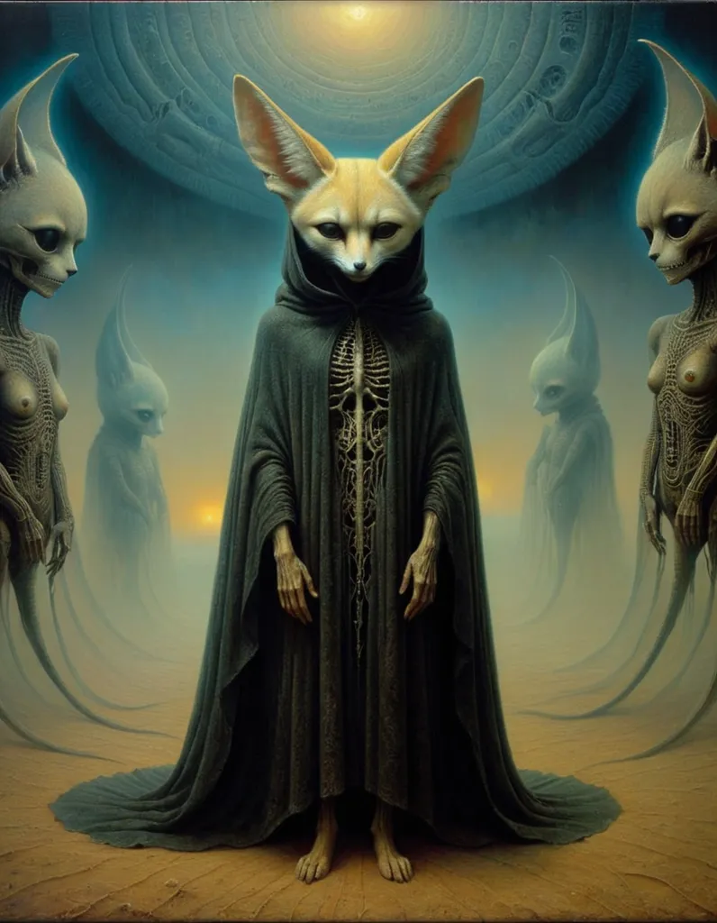 The image is a painting of a沙漠. In the middle of the desert is a tall, slender figure wearing a black cloak. The figure's head is that of a fennec fox, with large, pointed ears and a long, narrow snout. Its eyes are glowing white and it has a strange symbol painted on its forehead. The figure is surrounded by four smaller figures, each of which has the body of a human but the head of a different animal. The figures are all looking at the central figure with expressions of awe and reverence.