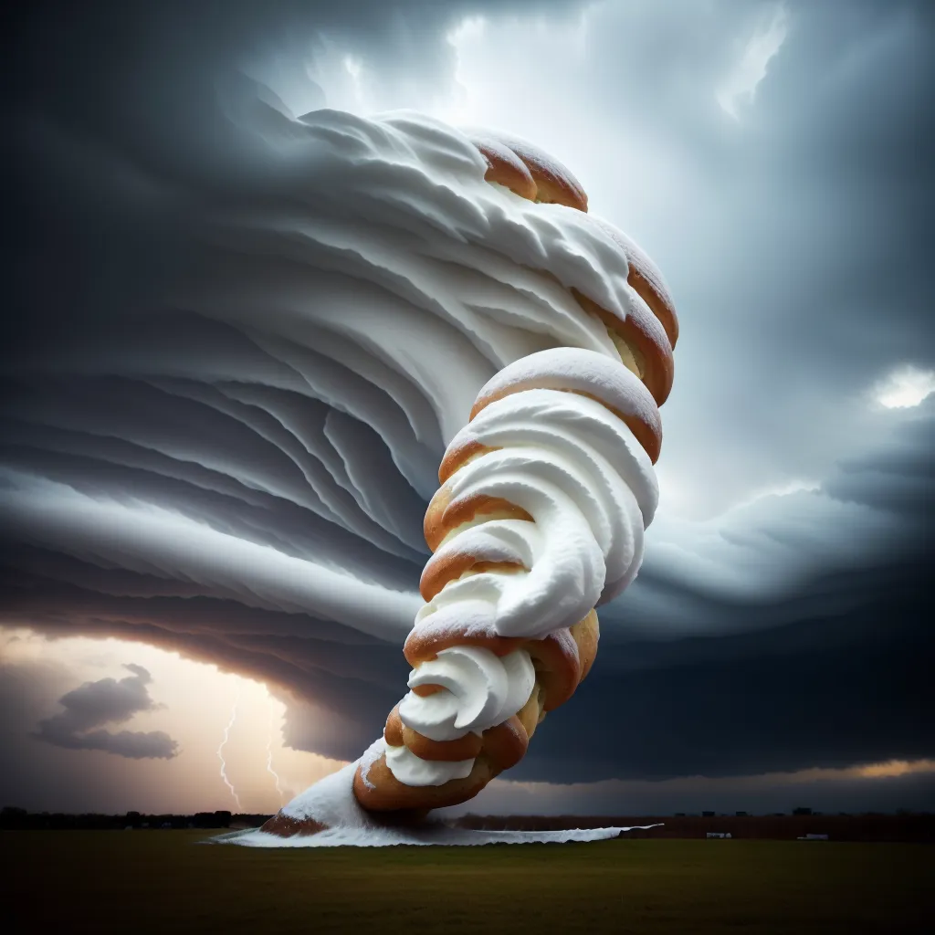 A tornado made of a giant cream-filled pastry is touching down in a field. The tornado is surrounded by dark clouds and lightning. The pastry is tan and has thick white icing. The tornado is destroying a house in the distance.