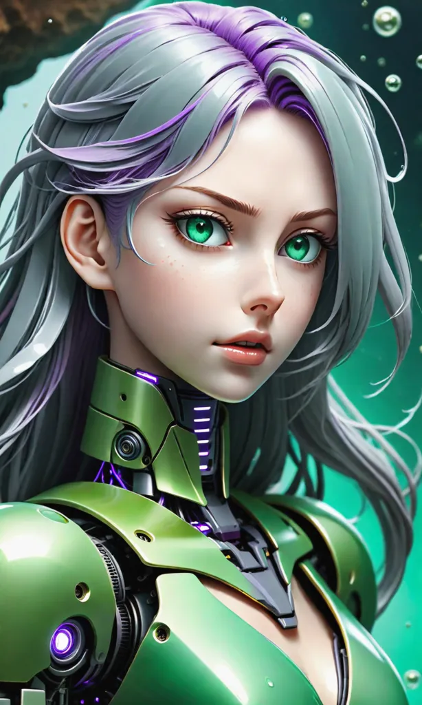 The picture shows a beautiful anime girl with green eyes and purple hair. She is wearing a green and black bodysuit with a high collar. Her face is partially covered by her hair, and she has a serious expression on her face. The background is a blur of green and black, with a few bright lights in the distance.