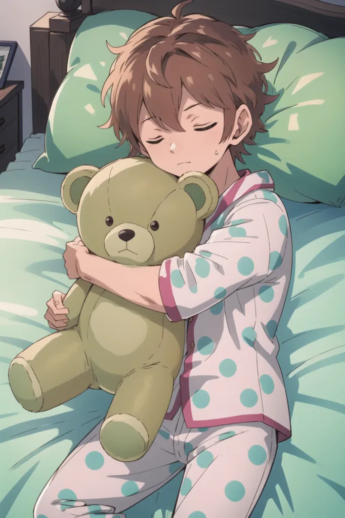 Masterpiece, best quality, 1boy, Midorikawa, pajamas, sleepy, lying, bedroom, <lora:MidorikawaV1A5-000004:1>,  <lora:pillow_hug:1>, pillow_hug, brown teddy bear,