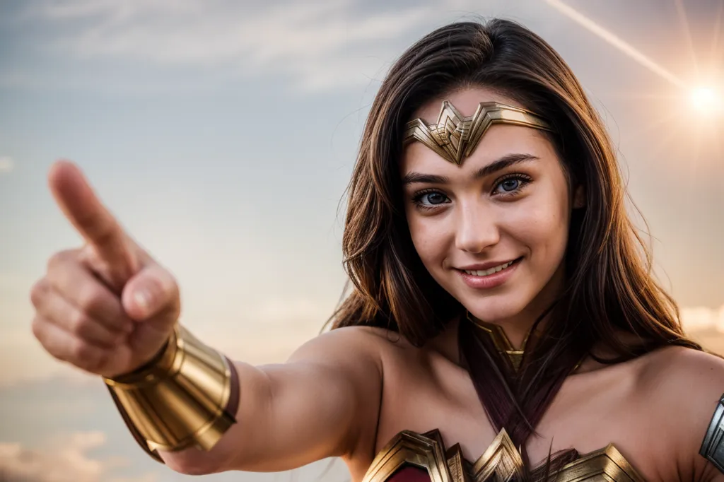 This is an image of Wonder Woman, a superhero from DC Comics. She is wearing her iconic red and blue costume with a gold belt and silver bracelets. She has long, dark hair and blue eyes. She is smiling and pointing her finger at something off-camera. The background is a bright sky with clouds.