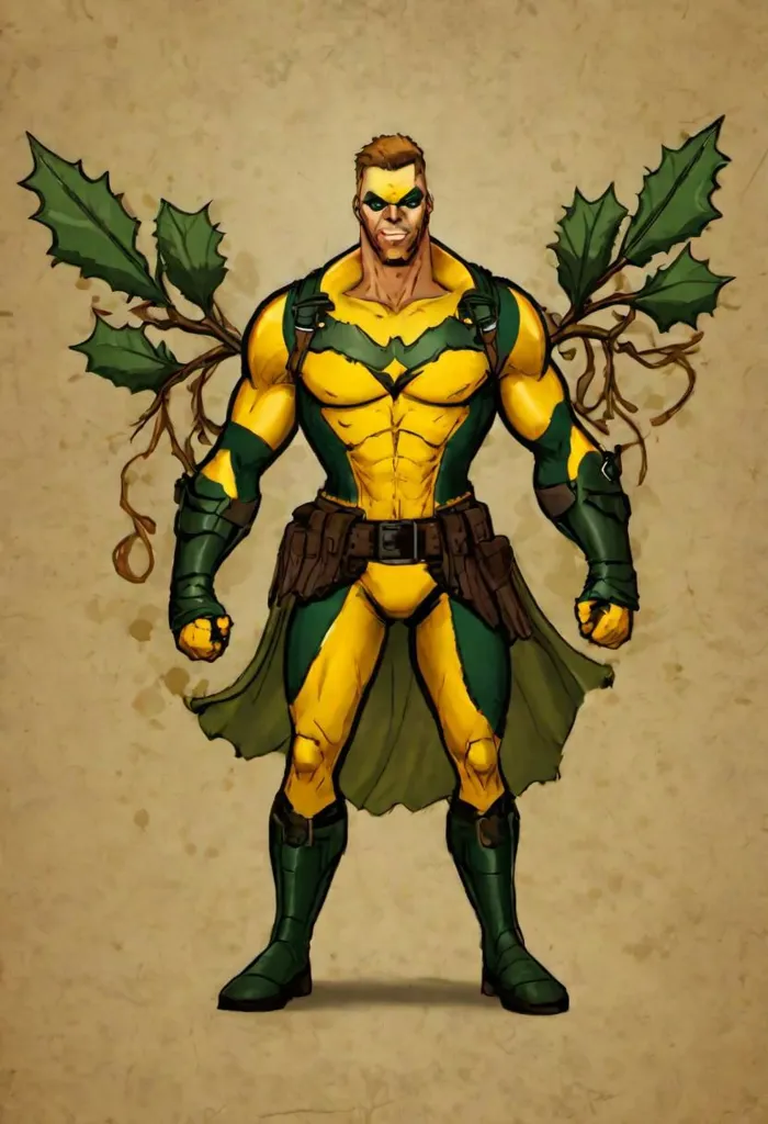 The picture shows a superhero. He is wearing a yellow and green suit. He has a leaf-shaped mask. He also has leaf-shaped wings.