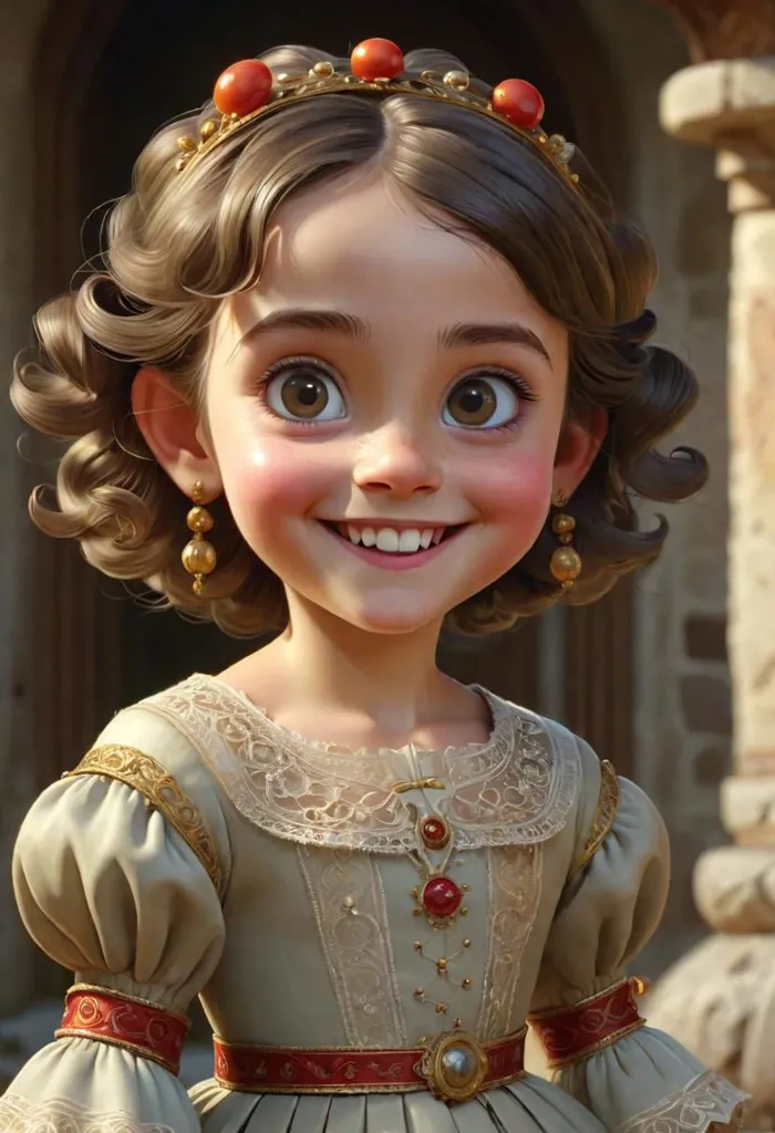 This is a picture of a little girl. She has brown hair and brown eyes. She is wearing a white dress with a red sash. She is also wearing a gold necklace and a gold crown. She has a happy expression on her face. She looks like she is about 6 years old.