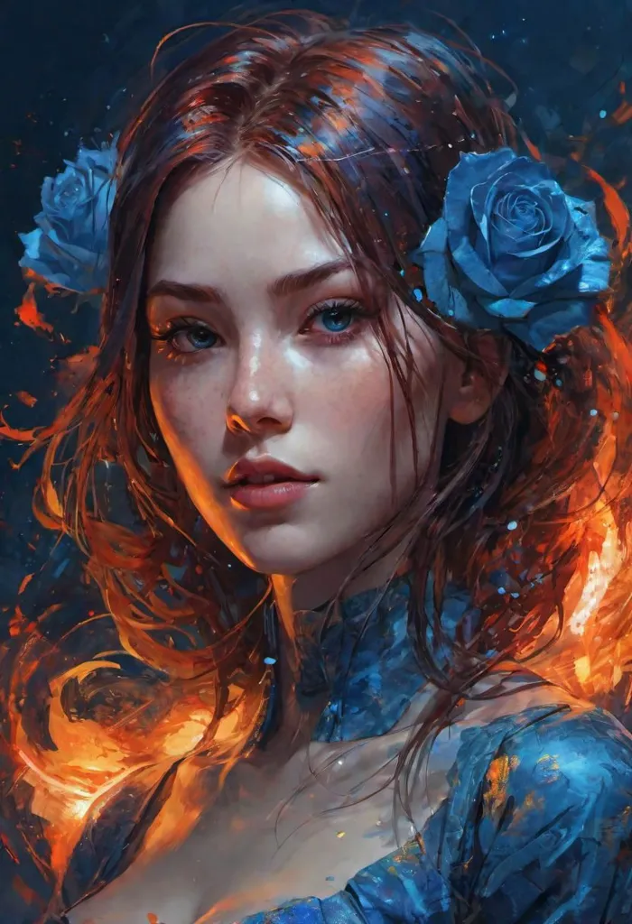 This image shows a woman with long, flowing red hair. She is wearing a blue dress with a white collar. There are two blue roses in her hair. The background is dark with flames. The woman's eyes are blue and she is looking at the viewer with a serious expression.