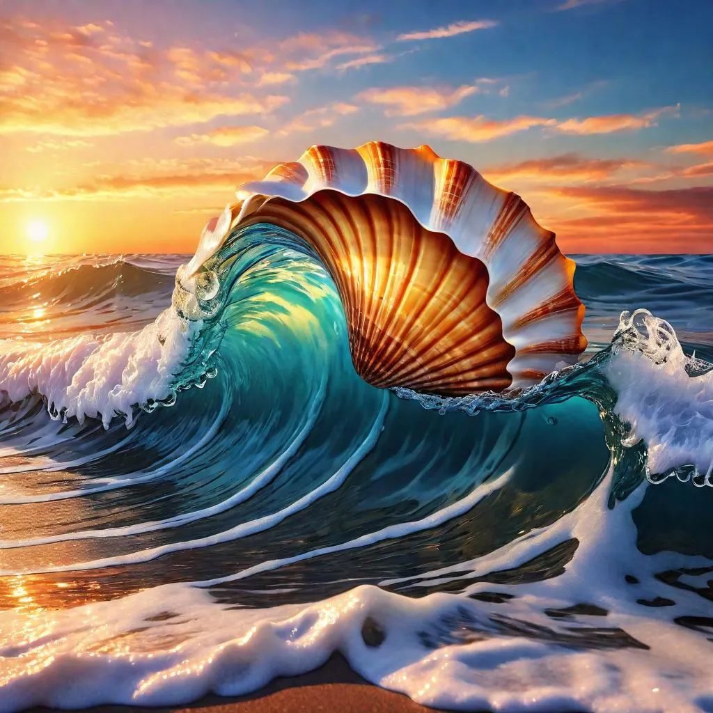 The image is a beautiful seascape. The sun is setting over the horizon, casting a golden glow over the waves. The waves are capped with white foam and crashing against the shore. In the foreground of the image, there is a large seashell. The shell is perfectly shaped and has a beautiful iridescent sheen. The image is very peaceful and relaxing.