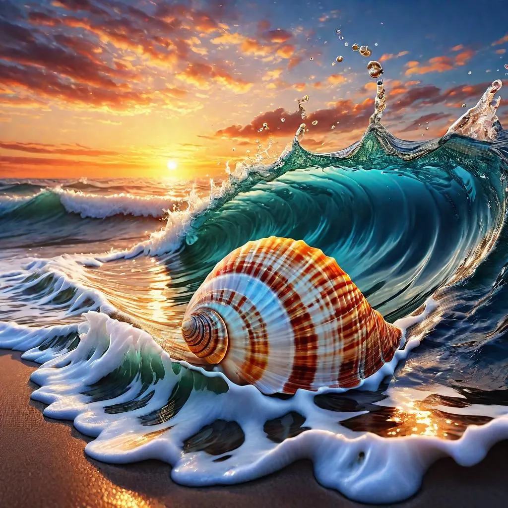 The image is depicting the beach. The ocean is shown in the background. The foreground shows a close-up of a seashell sitting on the sand. The seashell is being washed over by a wave. The wave is clear and you can see the reflection of the sun on the water. The sun is setting and the sky is a bright orange and yellow. The sand is wet and has a few small pebbles on it.