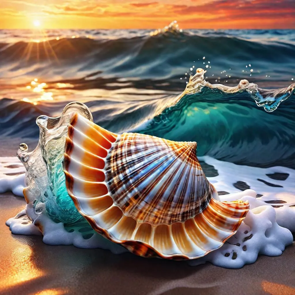 The image is depicting the close up of a seashell on the beach with the ocean waves crashing against it. The warm colors of the sunset sky reflect off the surface of the water, casting a golden glow over the scene. The waves are captured in mid-motion, their crests frozen in time as they break over the shell. The water droplets suspended in the air glisten like diamonds, adding a sense of magic to the image. The overall effect is one of beauty and tranquility, as the viewer is transported to a peaceful beach setting.