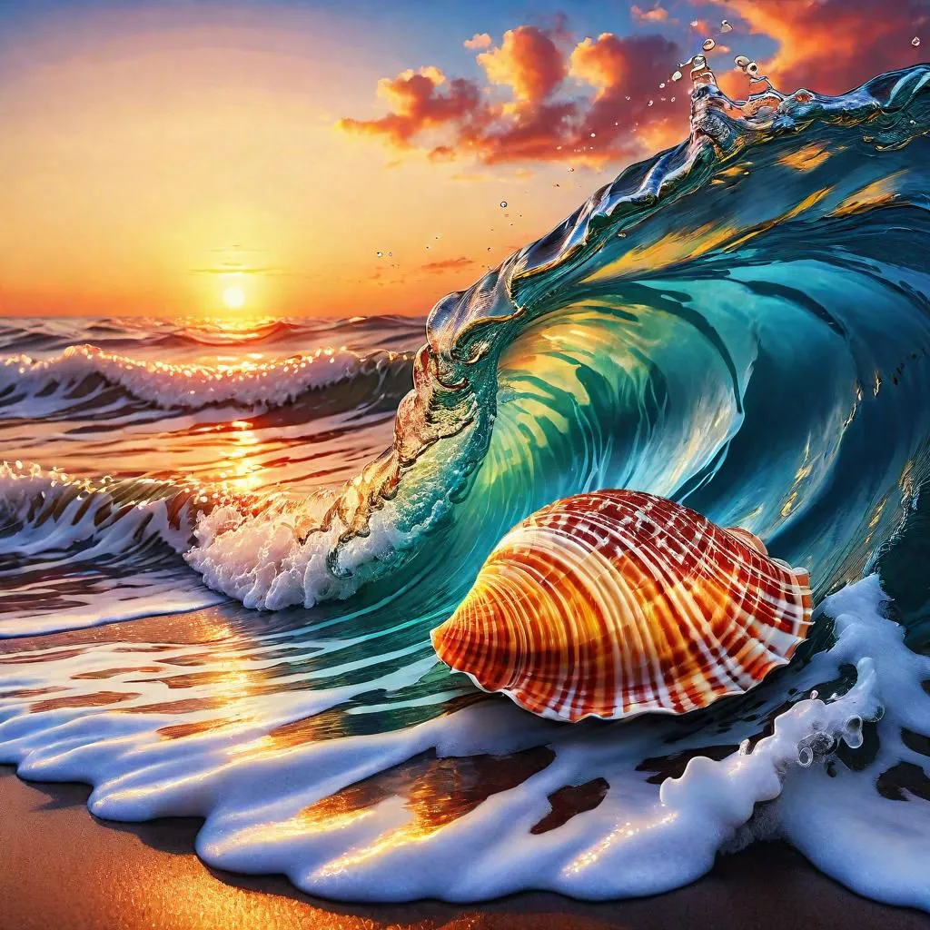 The image is a beautiful seascape. The sun is setting over the horizon, casting a golden glow over the waves. A large wave is crashing on the shore, and a seashell is caught in the curl of the wave. The water is a deep blue color, and the sky is a gradient of orange and yellow. The image is full of motion and energy, and the colors are vibrant and saturated.