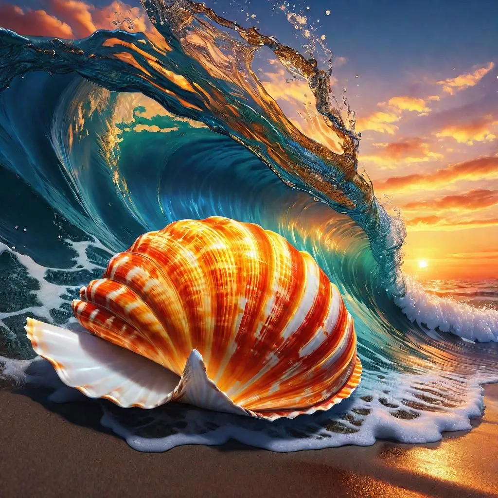 The image shows a seashell on the beach. The seashell is orange and white, and it is sitting on the sand. The sun is setting in the background, and the waves are crashing on the shore. The sky looks yellow, orange, pink and blue. The image is very beautiful, and it captures the beauty of the beach.