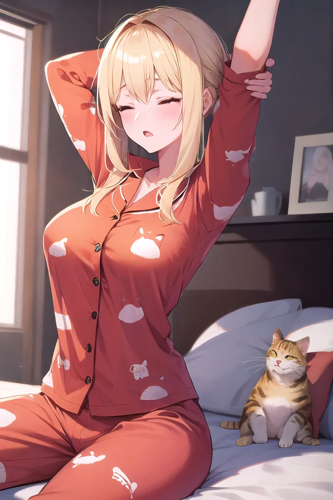 A girl with long blond hair is sitting on a bed and stretching. She is wearing a red and white pajama with cat patterns. The girl has her eyes closed and a contented smile on her face. There is a cat sitting on the bed next to her, watching her. The background is a bedroom with a window, a dresser, and a nightstand.