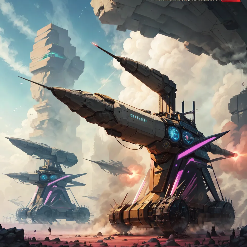 The image shows a group of large, powerful-looking vehicles in a futuristic setting. The vehicles are armed with massive guns and other weapons, and they are surrounded by smoke and debris. In the background, there is a large, tower-like structure. The vehicles are likely engaged in some kind of military conflict, and the tower may be a key objective.