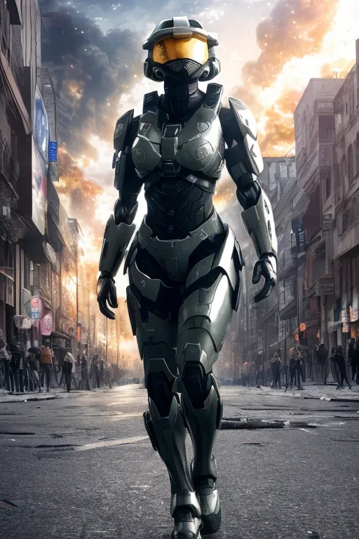 The image shows a tall, female figure walking through a destroyed city. She is wearing a futuristic suit of armor and a helmet with a golden visor. The armor is green and gray, and it has a lot of detail. The figure is also carrying a gun. The city is in ruins, and there are people running and screaming in the background. The sky is orange, and there are clouds of smoke in the air.