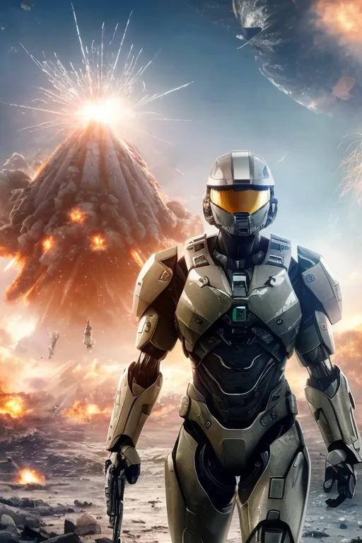 The image shows a soldier wearing a futuristic suit of armor. The soldier is standing on a rocky surface with a volcano erupting in the background. There are also explosions and debris flying through the air. The soldier is holding a gun and is looking towards the viewer.