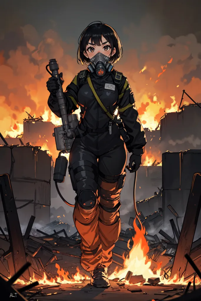 A young girl with short black hair is walking through a burning city. She is wearing a black and orange hazmat suit and a gas mask. She is carrying a fire extinguisher. The background is a fiery orange color with large debris scattered everywhere.