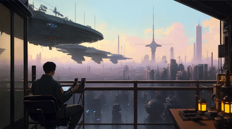 The image is set in a futuristic city. The city is full of tall buildings and flying cars. The sky is hazy and there are clouds in the distance. A man is sitting on a balcony overlooking the city. He is wearing a black suit and he has a gun in his hand. He is looking out at the city with a determined look on his face.