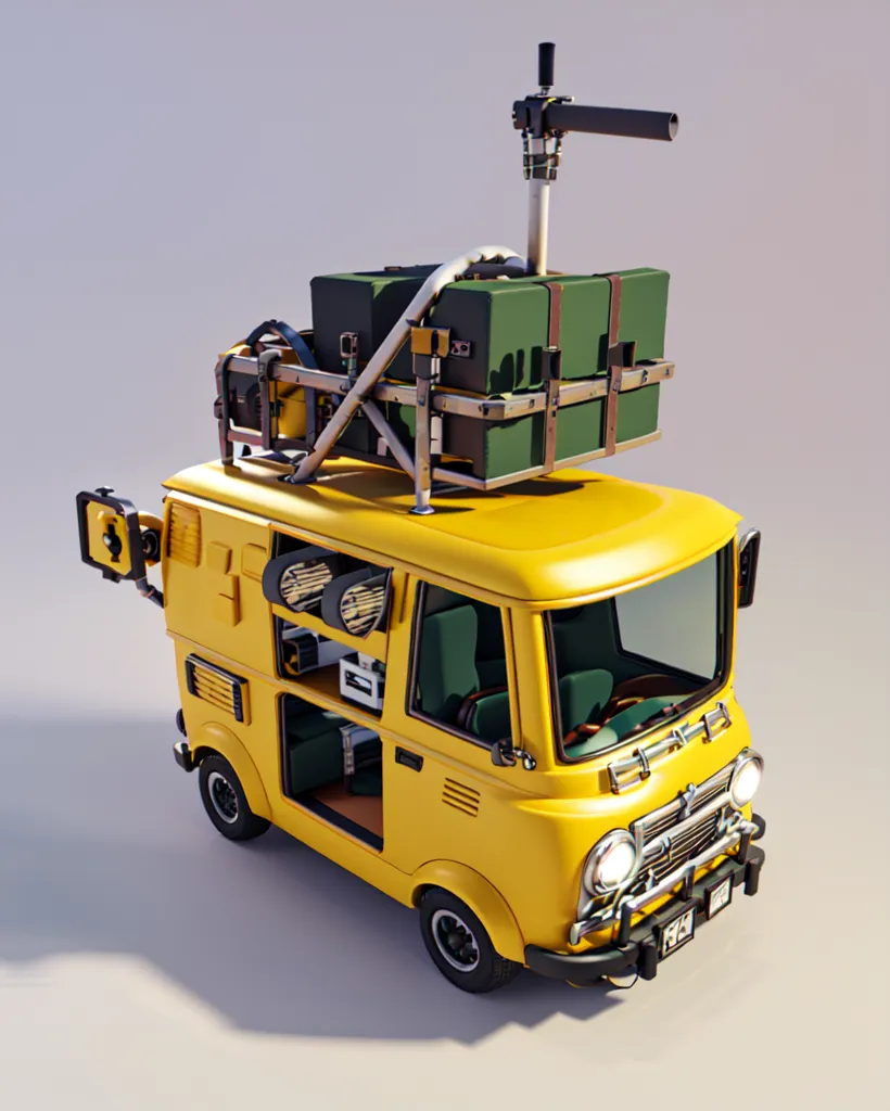 The image shows a yellow van with a white roof. The van is carrying a lot of cargo on its roof. There are two green boxes, a black case, and a long black tube. The van also has a gun mounted on the roof. The van is very detailed and looks like it is from a video game.