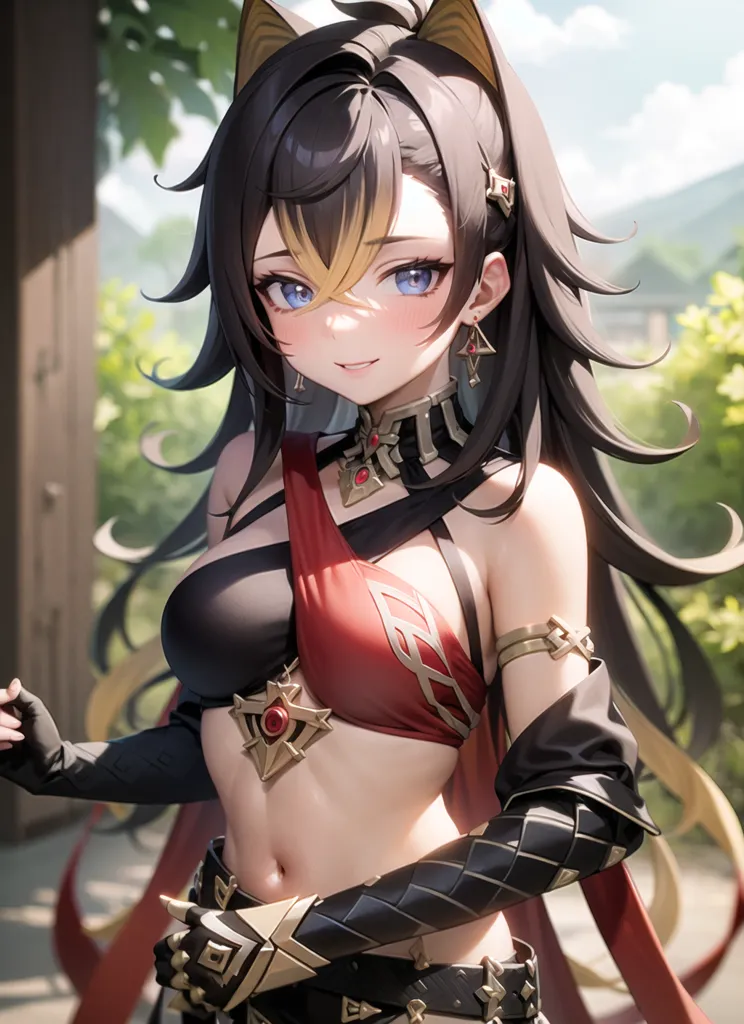 The image is of a beautiful anime-style girl with long, flowing brown hair and blue eyes. She is wearing a black and red outfit with a midriff-baring top and shorts. She has a confident smile on her face and is standing in a relaxed pose. The background is a blur of green foliage.