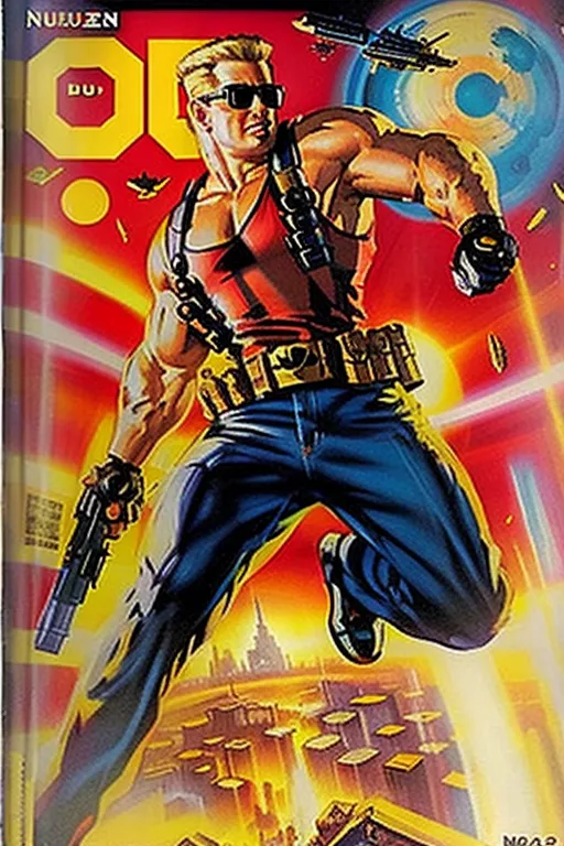 这是一本来自1990年代的电子游戏杂志的封面。封面上展示的是主角Duke Nukem,他是同名电子游戏系列的主角。他被描绘成一个肌肉发达、金发戴墨镜的男子,穿着红色背心和蓝色牛仔裤。他手持两把枪,正在空中跳跃,背景是一座未来城市。这幅图像采用漫画风格绘制,色彩鲜艳,比例夸张。