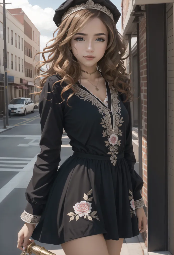 The image shows a young woman wearing a black dress with floral embroidery. The dress has a pleated skirt and a fitted bodice. The woman is also wearing a black beret and a gold necklace with a pendant. Her hair is long and wavy, and she is wearing light makeup. She is standing in front of a brick building, and there is a car parked in the background.