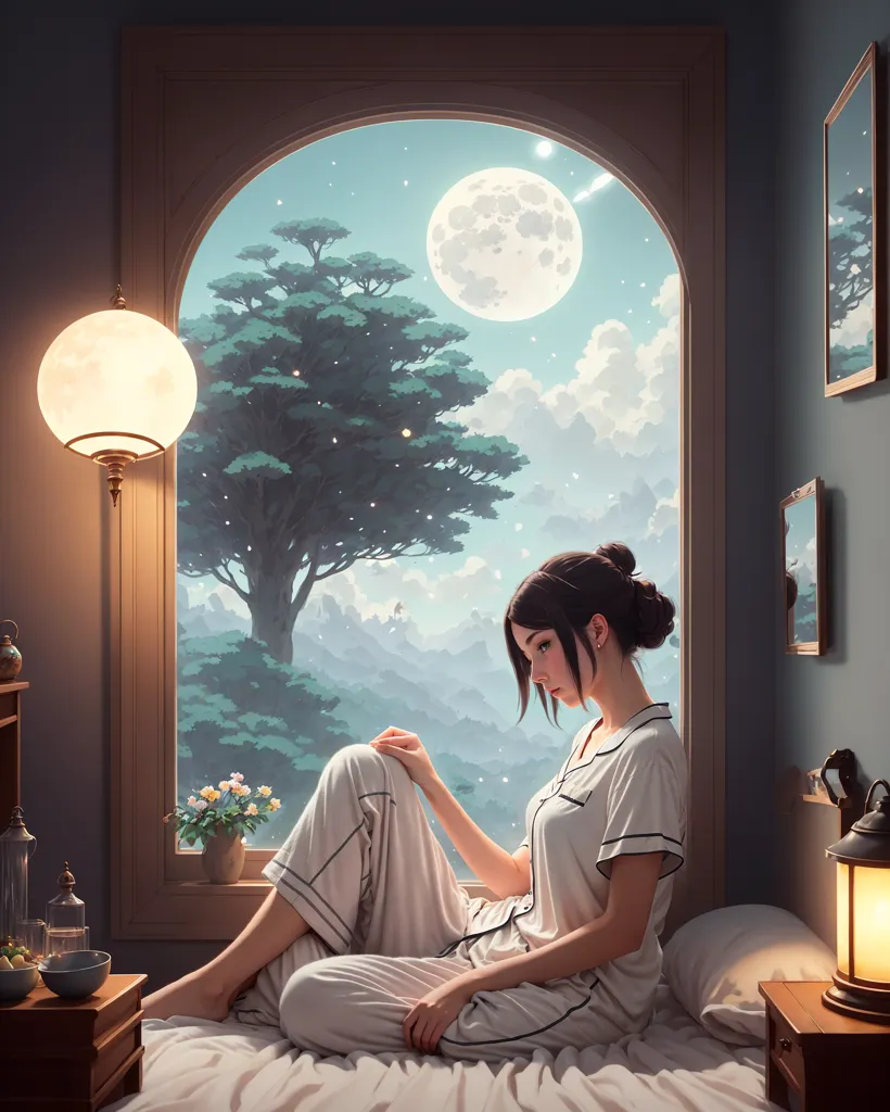 A young woman in white pajamas is sitting on a bed, with her feet hanging off. The bed is next to a large window that has a view of a forest and a large moon. The woman is looking out the window with a pensive expression on her face. There is a nightstand next to the bed with a lamp on it. There is also a small table next to the window with a vase of flowers on it.