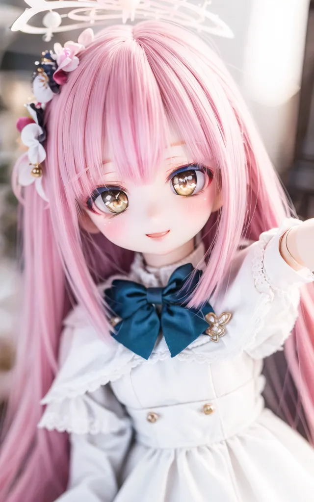 The image shows a doll with pink hair and yellow eyes. She is wearing a white dress with a blue bow. There are some flowers in her hair. The doll is smiling.