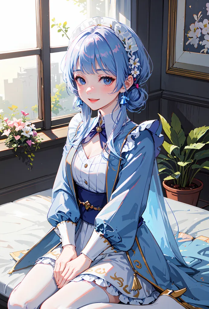 The image shows a young woman with blue hair and blue eyes. She is wearing a blue and white dress with a white apron. There are flowers in her hair and around her. She is sitting on a bench in front of a window. There are plants and a painting on the wall behind her.