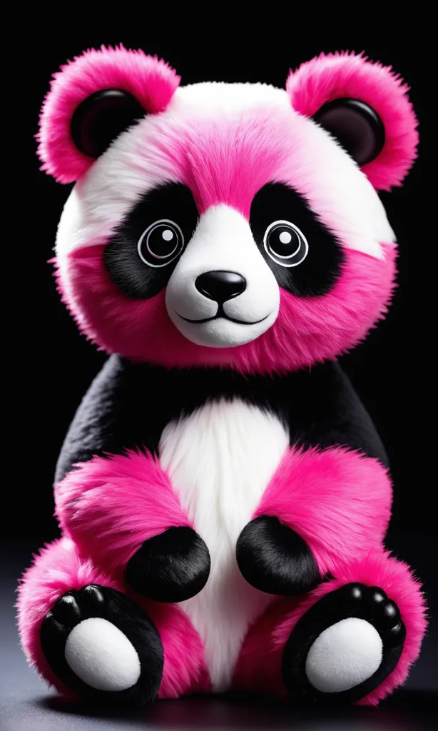 This is a pink and white panda. It is a stuffed animal. The panda is sitting down with its hands on its lap. It has big, round eyes and a small, black nose. Its ears are perky and its tail is short and fluffy. The panda is sitting on a black background. It is a very cute and cuddly looking animal.