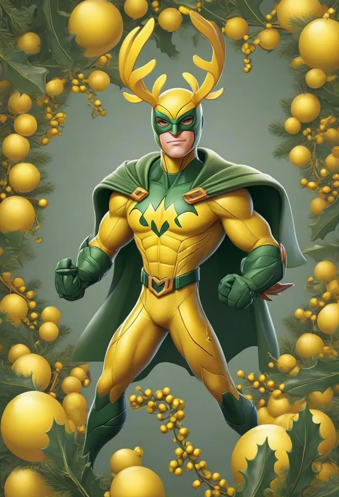 The image shows a superhero wearing a yellow and green suit. He has a🦌antler-shaped headdress and a green cape. He is standing in a forest, surrounded by yellow berries. The superhero is called "Yellowjacket".