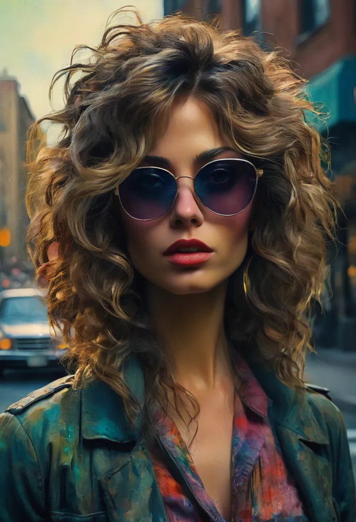 The photo shows a woman with curly hair. She is wearing sunglasses and a green jacket. The background is blurred.