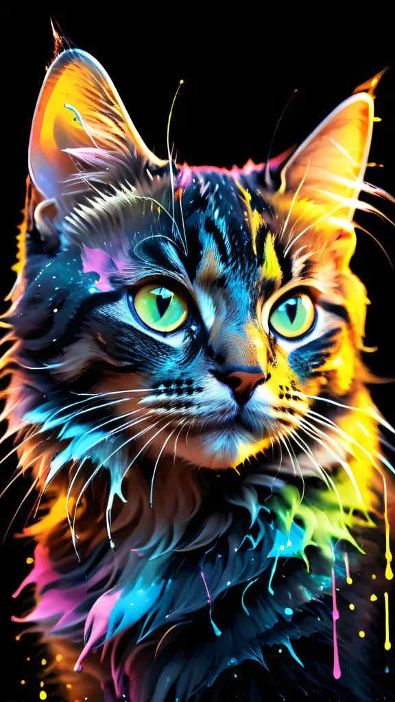 A digital painting of a cat with vibrant colors. The cat is looking at the viewer with its green eyes and has a colorful mane. The background is black, and the cat's fur is painted with bright colors, such as blue, green, yellow, and pink. The painting has a modern and abstract feel, and the cat's expression is both curious and intense.